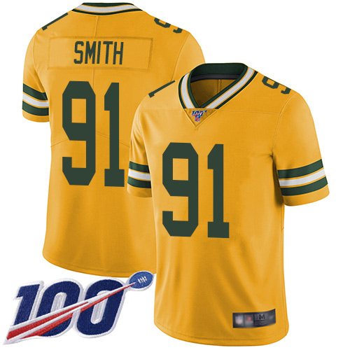 Green Bay Packers Limited Gold Men 91 Smith Preston Jersey Nike NFL 100th Season Rush Vapor Untouchable